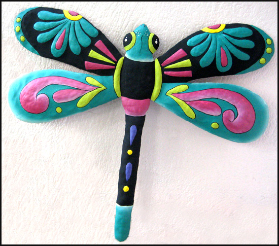 Hand painted dragonfly wall decor - Metal garden art - Handcrafted in Haiti from recycled steel drums